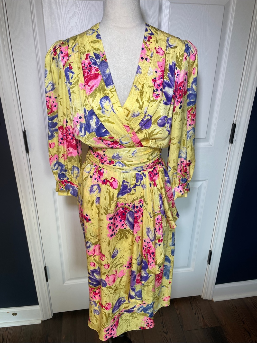 VTG 80s Richard Warren 100% Silk Floral Wrap Midi Dress Yellow Pink Purple Sz 6